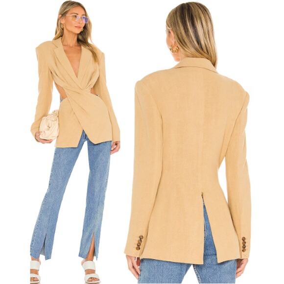 NWT L'Academie Emmy Twist Front Waist Cut-Out Padded Shoulder Blazer Tan Small - Picture 1 of 10